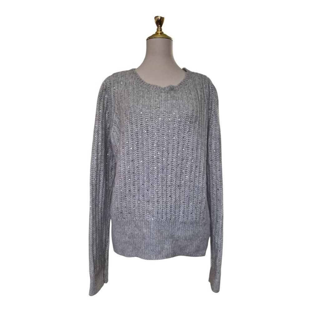 White House Black Market Sequin Knit Sweater‎ Gray Metallic Embellished XL New
